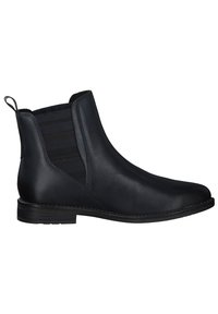 Bottes Chelsea en cuir noir avec panneaux latéraux élastiques, talon bas, bout arrondi et languette à l'arrière.