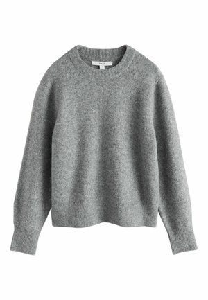 Soft grey long-sleeve crewneck sweater with ribbed cuffs and hem, made of a fuzzy knit fabric.