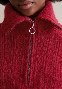 Roter Strickpullover mit hohem Kragen, ausgestattet mit einem halben Reißverschluss und silbernem Zubehör. Texturiert mit vertikalen Rippungen und einer weichen, flauschigen Oberfläche.