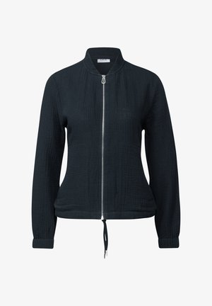 Schwarze gesteppte Jacke mit Stehkragen, Frontreißverschluss, verstellbarem Kordelzugsaum und langen Ärmeln. Strukturiertes Material für zusätzliche Dimension.