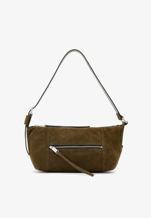 Olive green suede handbag with a curved shape, silver zipper detail on the front, and an adjustable strap for carrying.