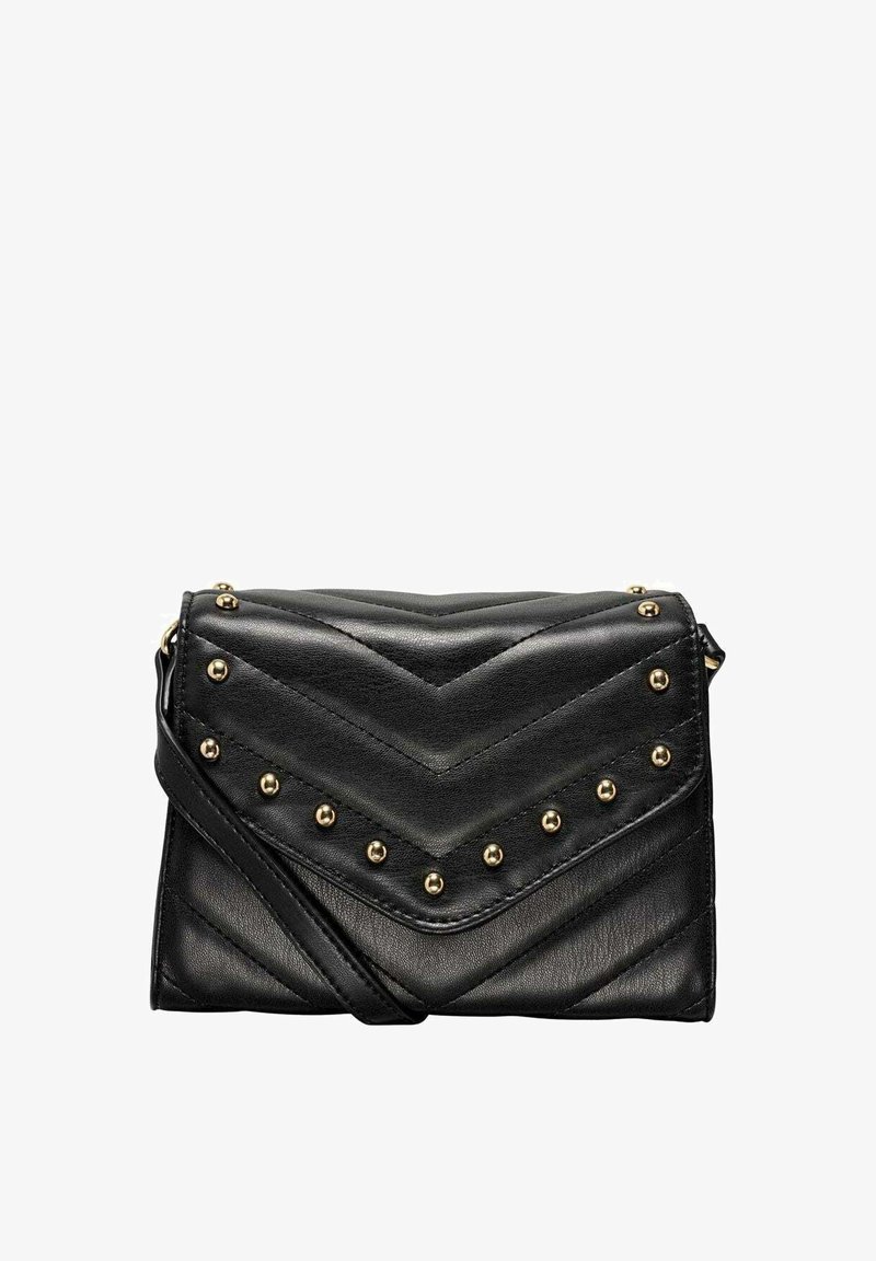 Borsa a tracolla nera in pelle sintetica con design a zigzag, borchie dorate lungo il flap e una tracolla staccabile per maggiore versatilità.