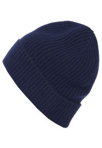 Navy blue knitted beanie with a ribbed texture, featuring a turned-up cuff and a smooth finish. Soft fabric, casual shape.