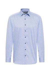 Hellblaue Langarmbluse mit geometrischem Muster, Button-Down-Kragen und schwarzen Knöpfen. Gewebe aus Baumwollmischung mit glatter Textur.