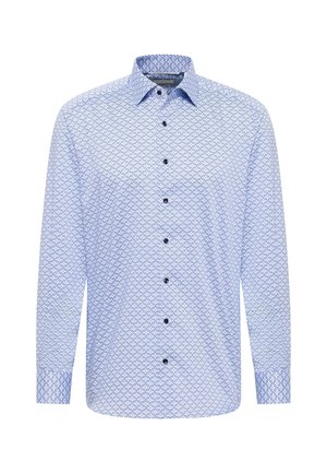 Light blue long-sleeve shirt with a geometric pattern, button-down collar, and black buttons. Cotton blend fabric with a smooth texture.