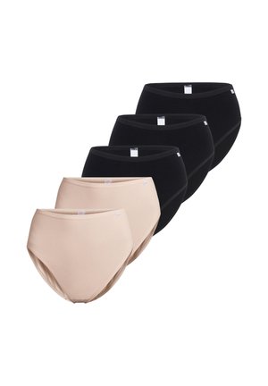 Fünf Damen-Slips mit hohem Bund in Beige und Schwarz, angeordnet in einer versetzten horizontalen Linie auf weißem Hintergrund.