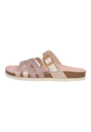 Sandal with a cork sole, light pink footbed, and three decorative straps in metallic shades of rose, silver, and beige; adjustable buckle detail.