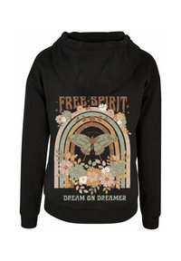 Black hoodie featuring a multicolored graphic with a butterfly, floral designs, and the text "FREE SPIRIT" and "DREAM ON DREAMER."