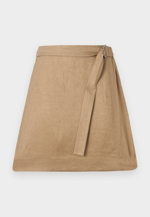 Beige linwrapskjørt med en lett A-form, med sidesløyfe og spenne detalj, glatt tekstur og renkant.