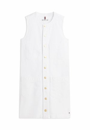 Ärmelloses weißes Kleid mit durchgehender Knopfleiste, rundem Ausschnitt und vier aufgesetzten Taschen, gefertigt aus strukturiertem Stoff.