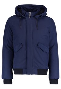 Marineblaue gesteppte Jacke mit Kapuze, vorderem Reißverschluss, Kordelzügen, zwei schrägen Klappentaschen sowie schwarzen, gerippten Bündchen und Saum.