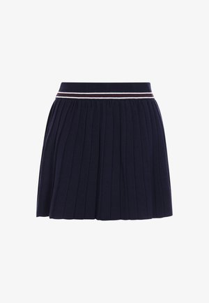 Kék, pliszírozott szoknya puha anyagból, bordázott derékrésszel, piros, fehér és kék csíkokkal. Rövid hossz, egyszerű dizájn.