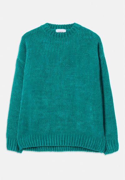 Teal ribbed knit sweater with long sleeves and a crew neckline, laid flat on a white background.