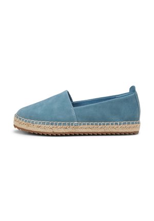 Blå ruskind espadrille slip-on sko med flettet jutesål og gummisål, vist i sideprofil mod hvid baggrund.