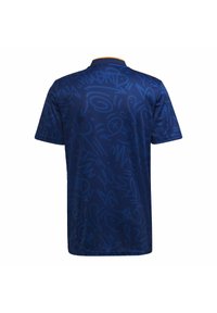 Short-sleeve, navy blue t-shirt featuring a textured pattern of abstract lines and shapes, with a yellow collar accent.