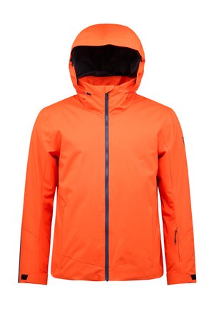 Orangene wasserdichte Jacke mit Kapuze, ausgestattet mit einem Frontreißverschluss, seitlichen Taschen und verstellbaren Manschetten. Glatte Textur mit nahtlosem Design.