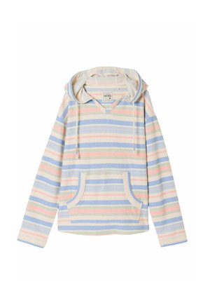 Langærmet hættetrøje med pastel-horisontale striber i blå, pink og grøn, med en forreste kængurulomme og snore.