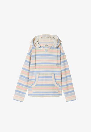 Langærmet hættetrøje med pastel-horisontale striber i blå, pink og grøn, med en forreste kængurulomme og snore.