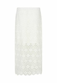 Jupe en dentelle blanche avec un motif en zigzag, longueur genoux, doté d'un ourlet en alvéole et d'une taille cintrée, en tissu léger.
