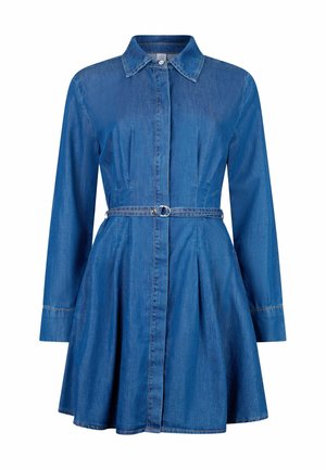 Abito camicia in denim di blu medio con colletto, maniche lunghe, chiusura a bottoni, vita con cintura e gonna svasata con pieghe.