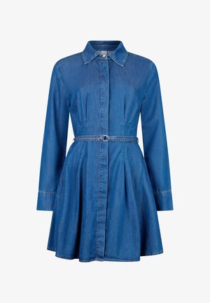 Abito camicia in denim di blu medio con colletto, maniche lunghe, chiusura a bottoni, vita con cintura e gonna svasata con pieghe.