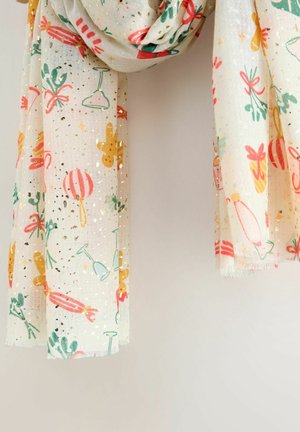 Lightweight, patterned scarf featuring a sheer fabric with illustrations in coral, green, and gold on a cream background. Frayed edges.
