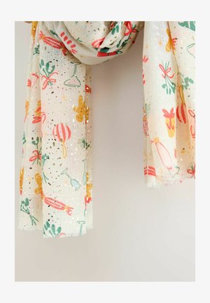 Lightweight, patterned scarf featuring a sheer fabric with illustrations in coral, green, and gold on a cream background. Frayed edges.