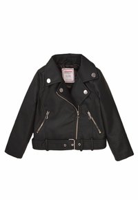 Giacca da motociclista in pelle nera con zip argentate, vita regolabile con cintura e colletto ampio. Presenta tasche laterali con zip e un dettaglio con bottone a pressione.