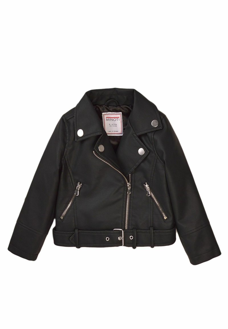 Giacca da motociclista in pelle nera con zip argentate, vita regolabile con cintura e colletto ampio. Presenta tasche laterali con zip e un dettaglio con bottone a pressione.