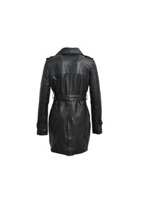 Zwarte leren trenchcoat met een ceintuur in de taille, schouderepauletten en lange mouwen met knoopdetails. Gladde textuur, halflang model.