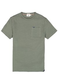 Grünes T-Shirt mit kurzen Ärmeln aus weichem Stoff, mit einer Brusttasche und einem Logo-Tag, klassischem Rundhalsauschnitt und lässiger Passform.