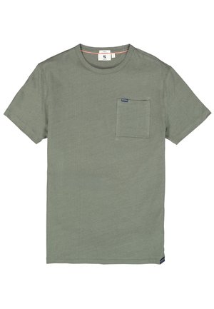 Short-sleeve green t-shirt made of soft fabric, featuring a breast pocket and a logo tag, with a classic crew neckline and relaxed fit.