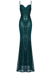 Tiefblaues, bodenlanges Kleid mit dünnen Trägern, mit paillettenbesetzten geometrischen Mustern, figurbetontem Oberteil und Meerjungfrauen-Silhouette.