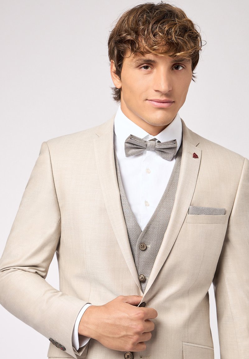 Veste de costume beige avec un gilet gris clair et une chemise blanche. Comprend un nœud papillon gris et un mouchoir de poche. Tissu doux avec une texture lisse.