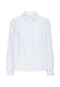Pitkähihainen nappilistablouse, jossa on vaaleansinisiä ja valkoisia pystyraitoja, röyhelöserkut ja kärkipartainen kaulus.