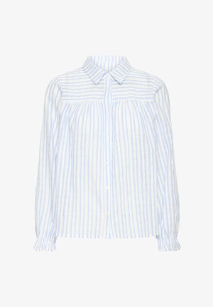 Bluza s dugim rukavima, dugmadi, s svijetloplavim i bijelim okomitim prugama, volanima na manžetama i šiljastim okovratnikom.