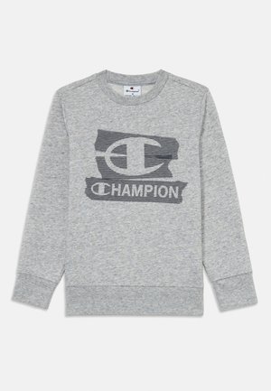 Grå genser med rund hals, lange ermer og en teksturert svart-hvitt Champion-logo på forsiden. Myk stofffinish.