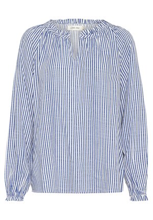Blue and white striped blouse with long sleeves, gathered neckline, and elastic cuffs. Lightweight fabric with a soft texture.