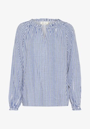 Blue and white striped blouse with long sleeves, gathered neckline, and elastic cuffs. Lightweight fabric with a soft texture.