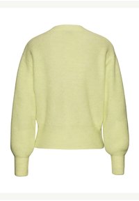 Helles gelbes, übergroßes Sweatshirt mit gerippter Textur, rundem Ausschnitt, fallenden Schultern und schmal zulaufenden Ärmeln. Die Rückansicht zeigt klare Linien.