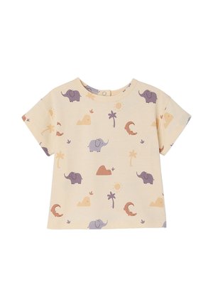 Beige toddler t-shirt with short sleeves, featuring purple elephants, abstract mountains, suns, palm trees, and crescent shapes pattern.