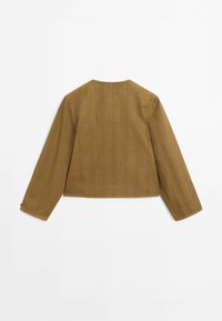 Giacca a strisce marroni con maniche lunghe e scollatura rotonda, caratterizzata da un tessuto testurizzato e un design accorciato in vita.