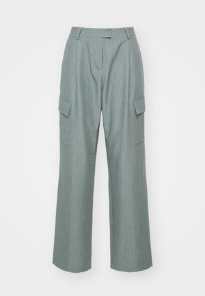 Light green wide-leg cargo pants feature two side pockets, a flat front, and a smooth texture, designed for a relaxed fit.