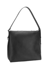 Borsa a tracolla in pelle nera con texture liscia, chiusura con zip e una singola tracolla regolabile. Design semplice del corpo rettangolare.