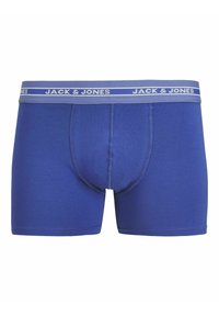 Boxeri bărbătești albaștri cu un design ajustat, talie elastică cu branding alb "JACK & JONES" și material moale din bumbac.