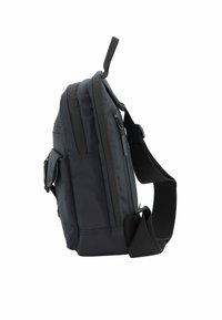 Borsa a spalla in morbido tessuto grigio scuro con due scomparti con zip, tracolla regolabile e una tasca laterale con chiusura a pattina.