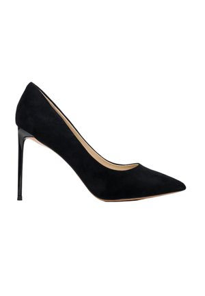 Czarne zamszowe szpilki na wysokim obcasie z ostro zakończonym noskiem, obcasem w stylu stiletto oraz gładkim wnętrzem. Charakteryzują się eleganckim, minimalistycznym designem.