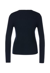 Marineblauer gerippter Pullover mit langen Ärmeln und rundem Halsausschnitt. Der Stoff hat eine glatte Textur, die das figurbetonte Design hervorhebt.