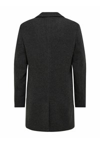Donkergrijze overjas met een getailleerde pasvorm, notch-revers en een enkele ventilatie aan de achterkant. De stof lijkt glad en gestructureerd.