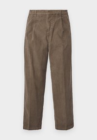 Brown corduroy trousers with a relaxed fit, featuring visible vertical ribbing, side pockets, and a waistband with belt loops.